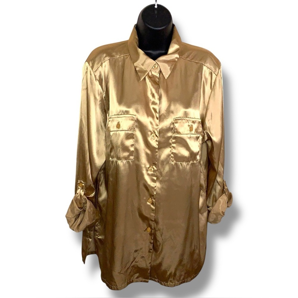 Vintage 90s Era Requirements Gold Satin Roll Tab Blouse Top Tunic Length